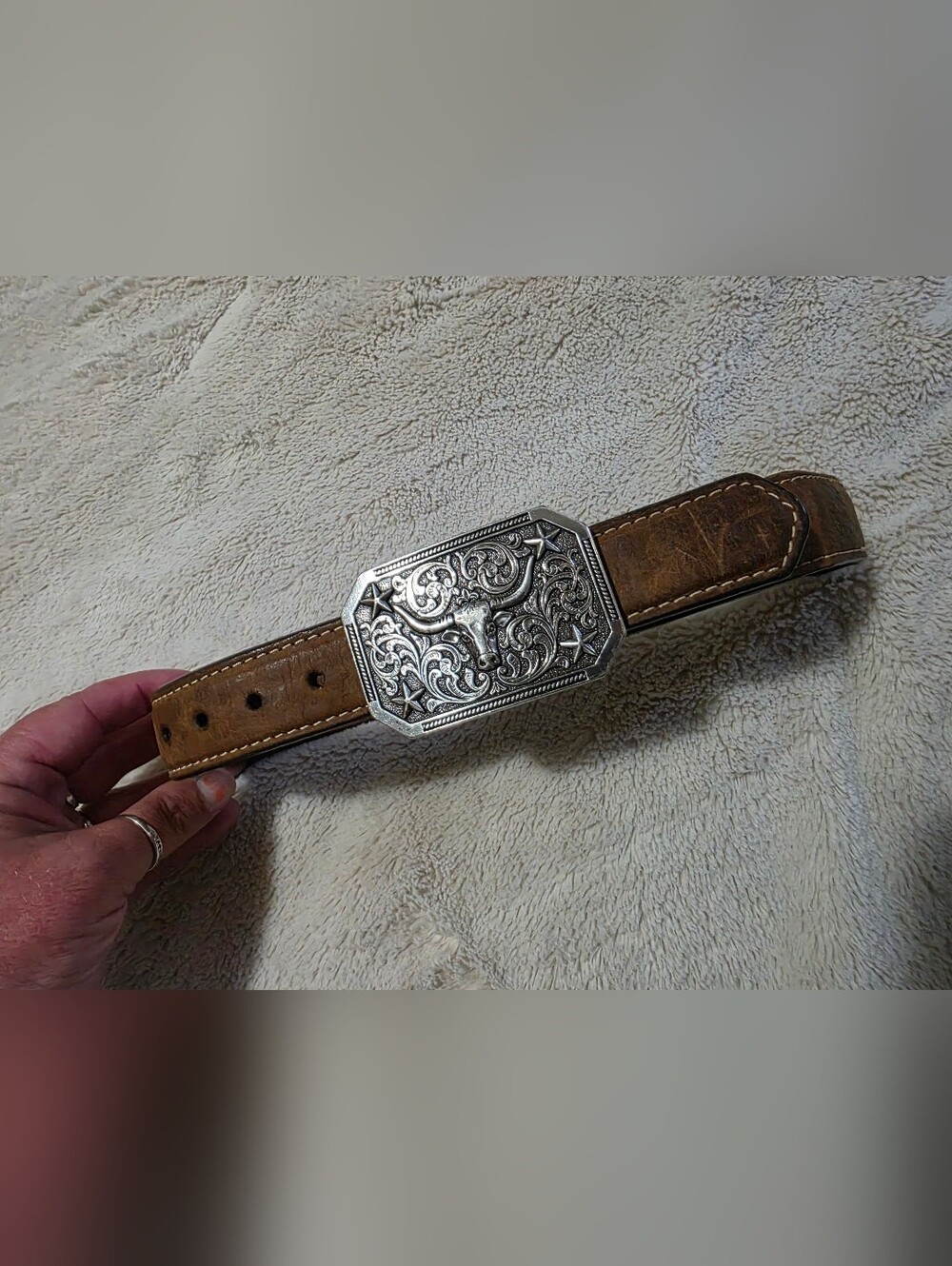 Toddler Western Hand Tooled Leather Belt With Ornate Silver Buckle - Picture 4 of 5